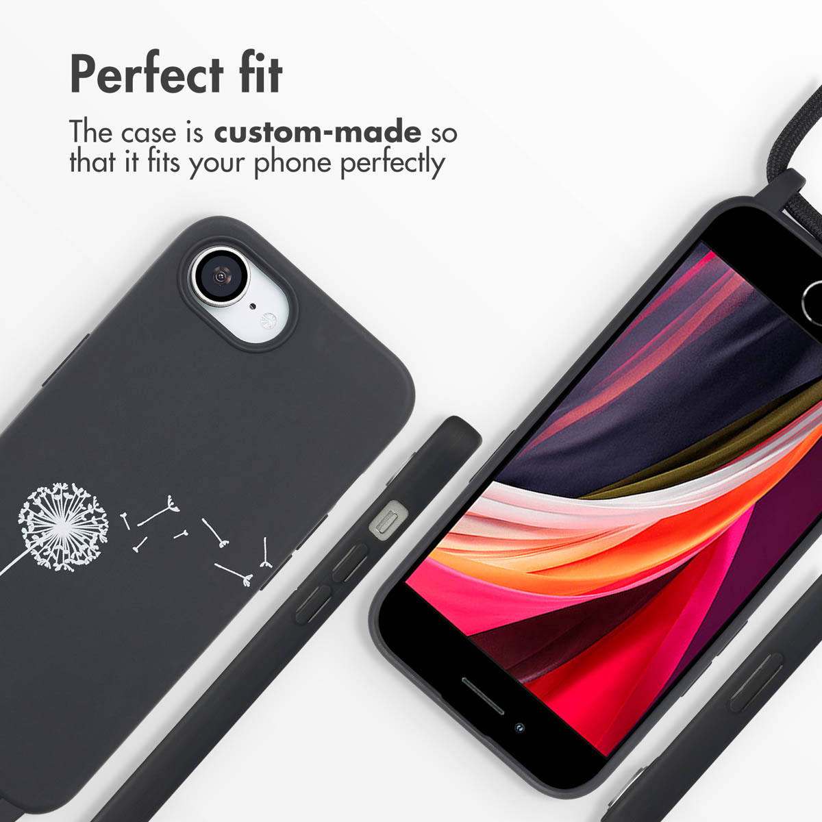 Coque de téléphone noire avec motif pissenlit blanc et texte "Perfect fit" sur fond blanc.