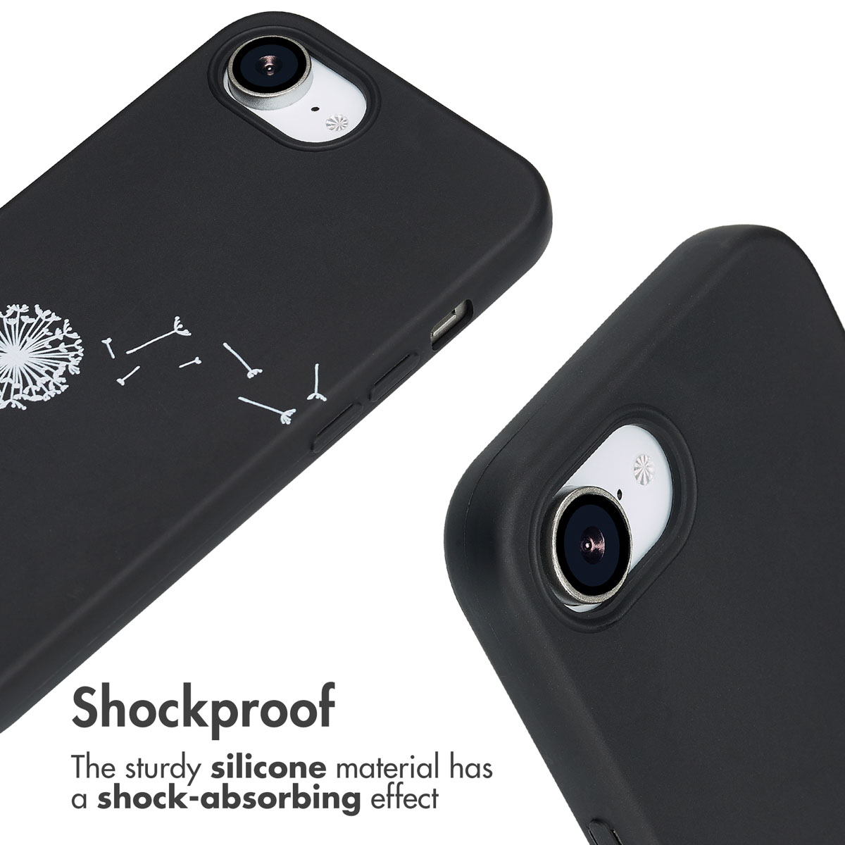 Deux coques de téléphone noires en silicone avec découpes pour appareil photo et pissenlit.