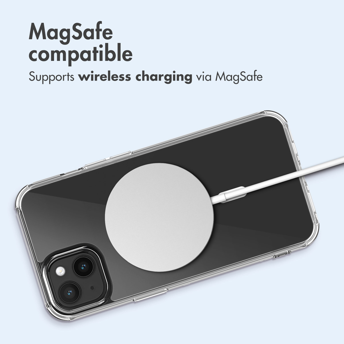 Custodia per smartphone compatibile MagSafe con caricabatterie wireless attaccato sul retro.