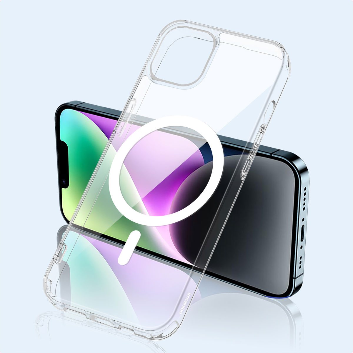 Una custodia trasparente con anello MagSafe bianco davanti a uno smartphone moderno su sfondo azzurro.