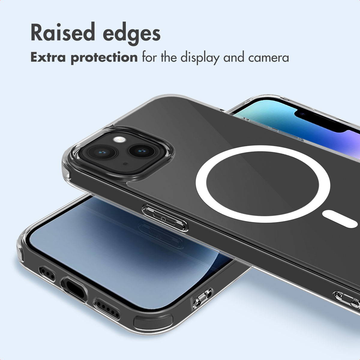 Custodia trasparente con anello MagSafe e bordi rialzati per proteggere display e fotocamera.