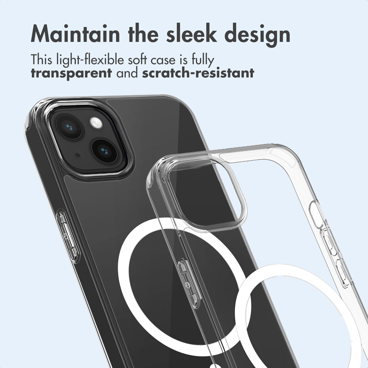 Custodia per telefono trasparente e flessibile con anello MagSafe su sfondo azzurro.
