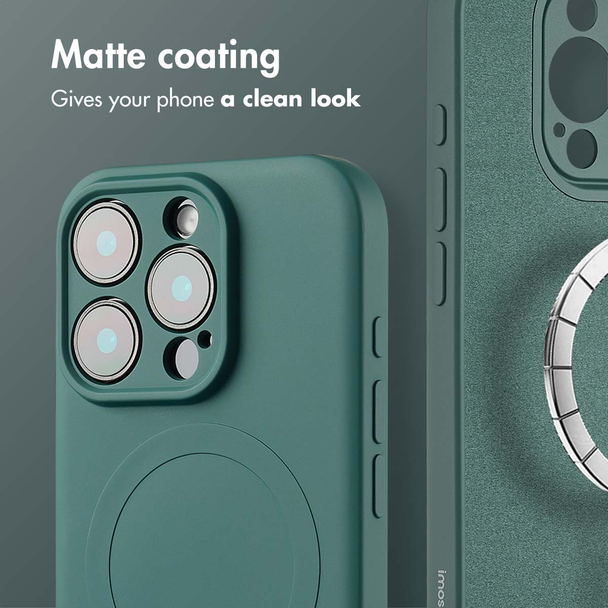 Custodia per telefono verde con rivestimento opaco e ritaglio per fotocamera.