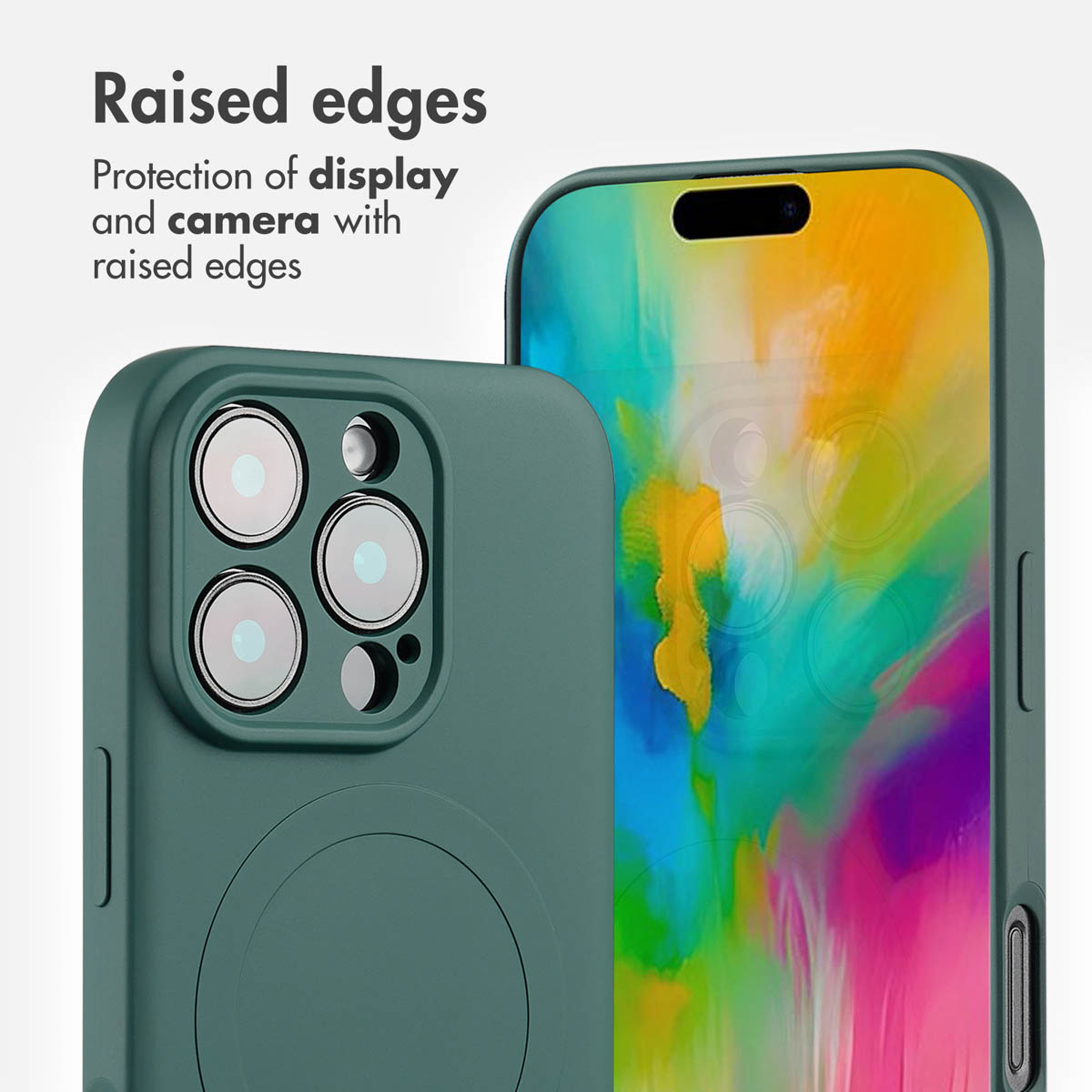 Custodia verde per telefono con bordi rialzati per proteggere display e fotocamera.