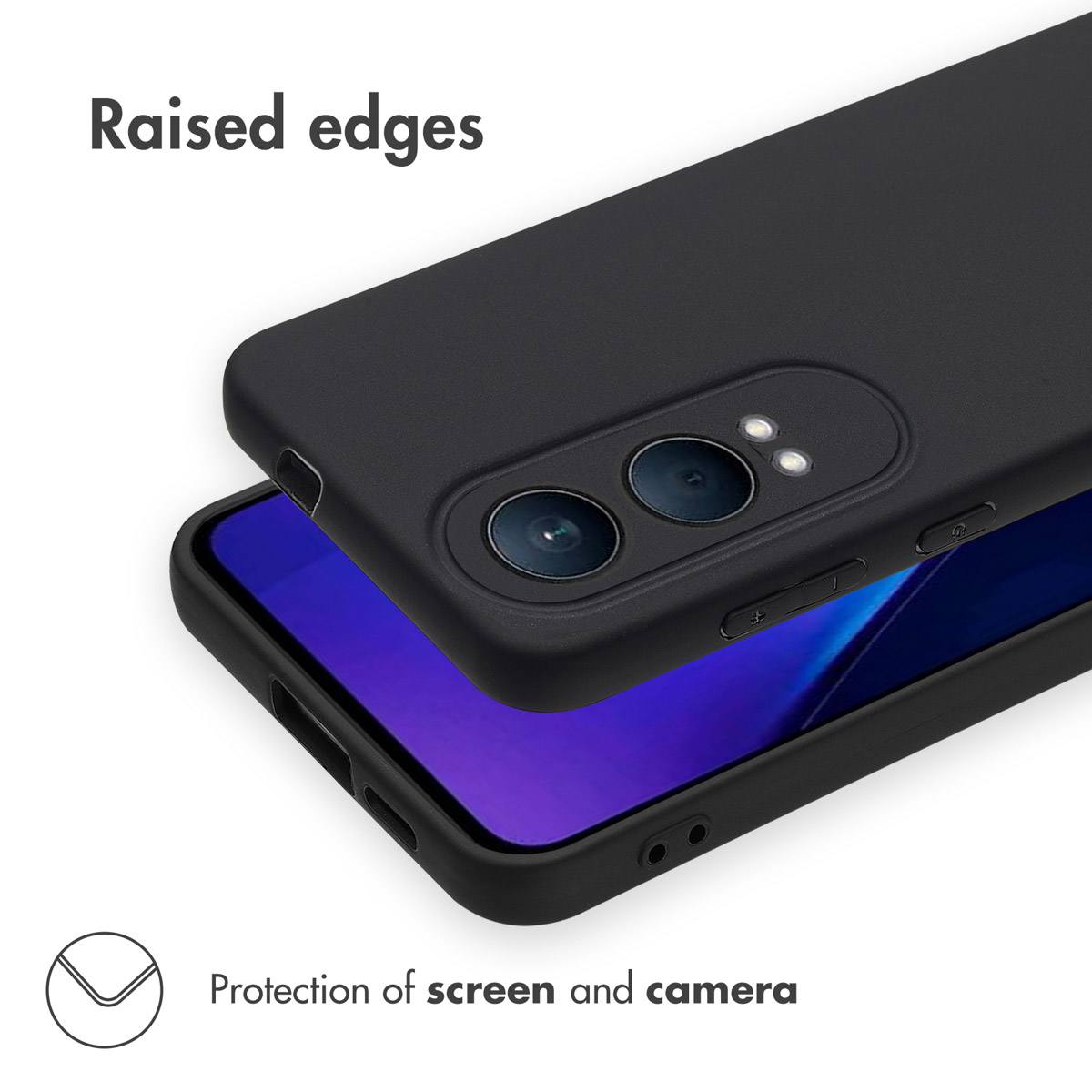 Funda de móvil negra con bordes elevados para proteger la pantalla y la cámara.