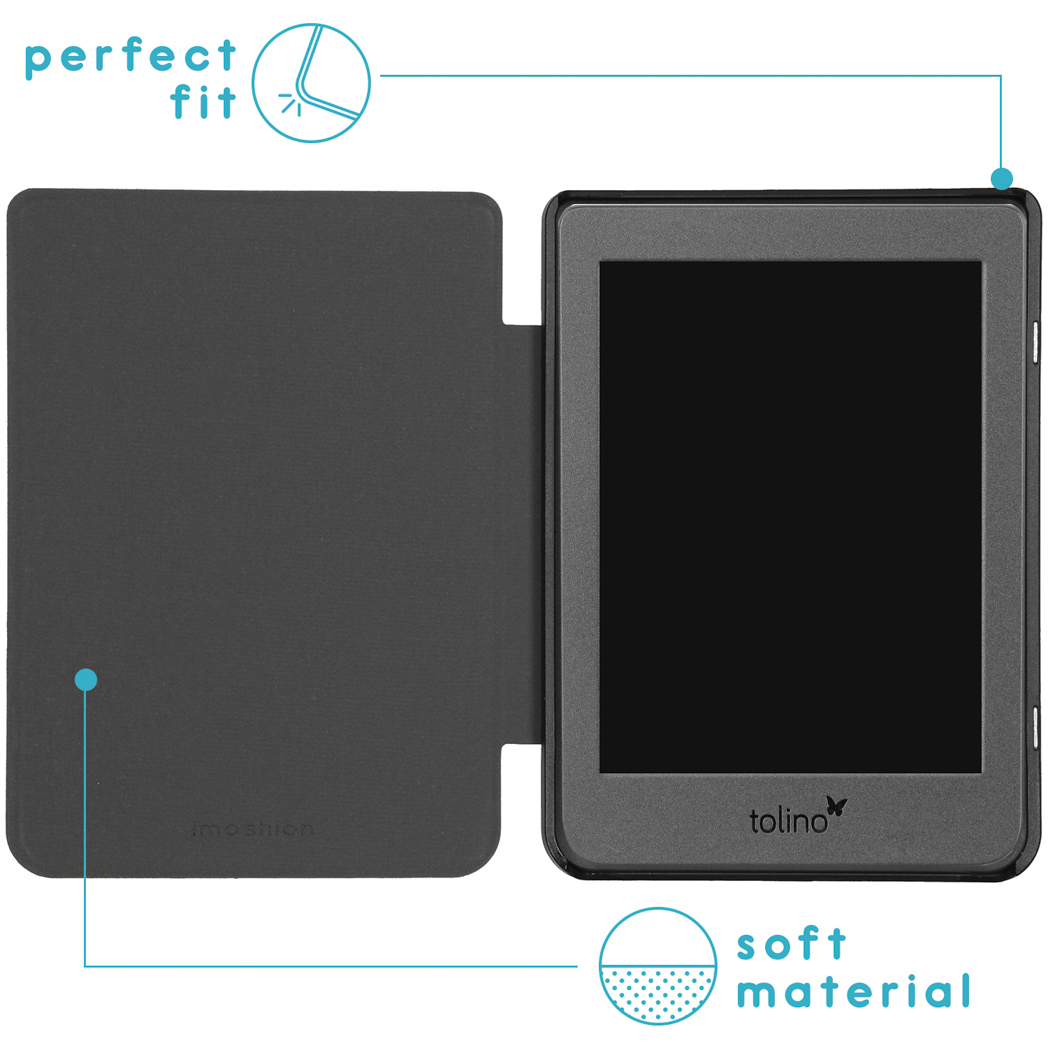 Een open grijze Tolino e-reader in een hoesje met tekstlabels.