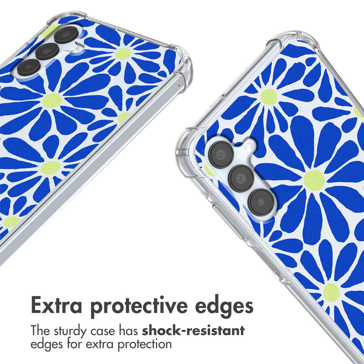 Coques transparentes à motifs de marguerites bleues et jaunes, bords de protection et découpes photo.