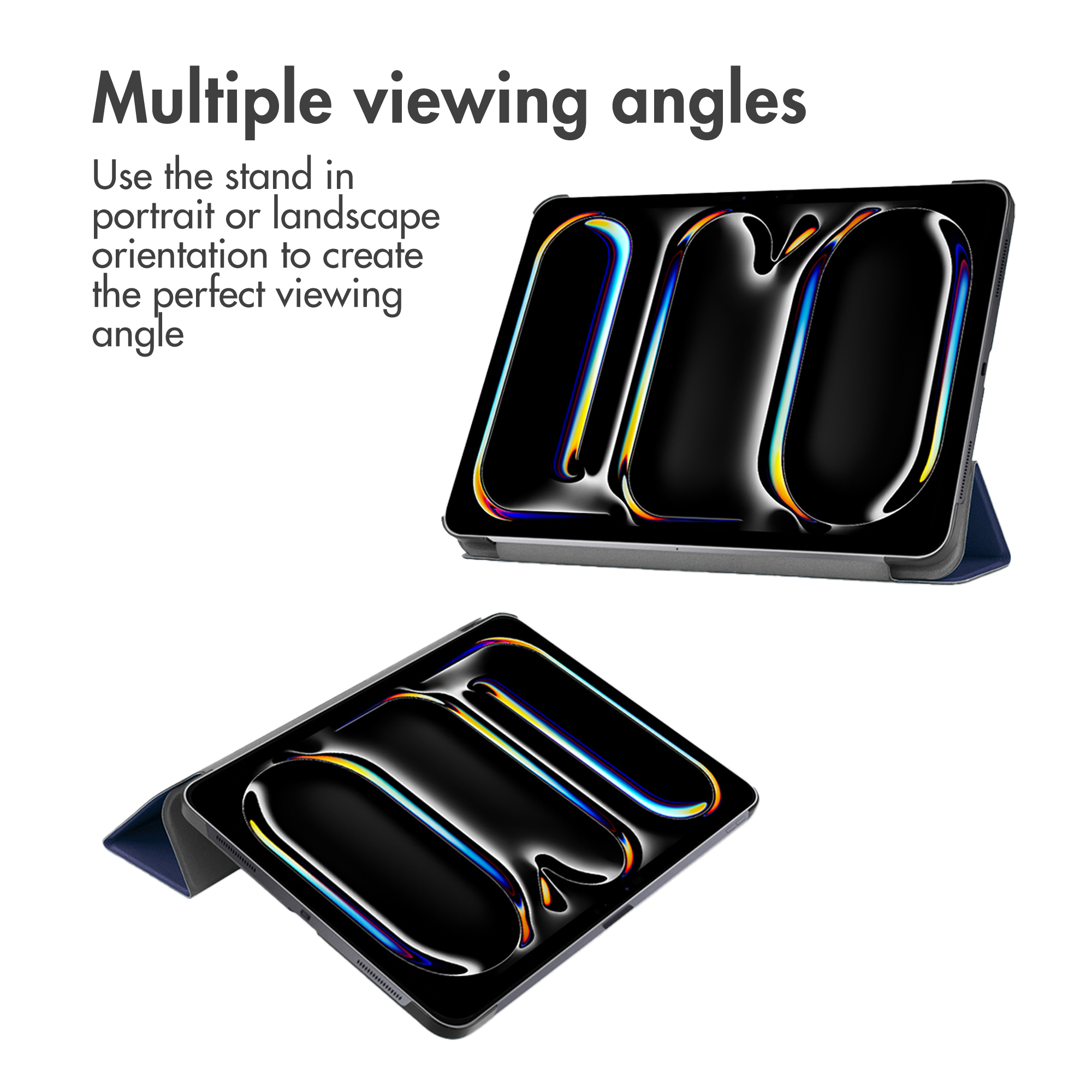 Tablet in custodia protettiva con supporto per vari angoli di visione.