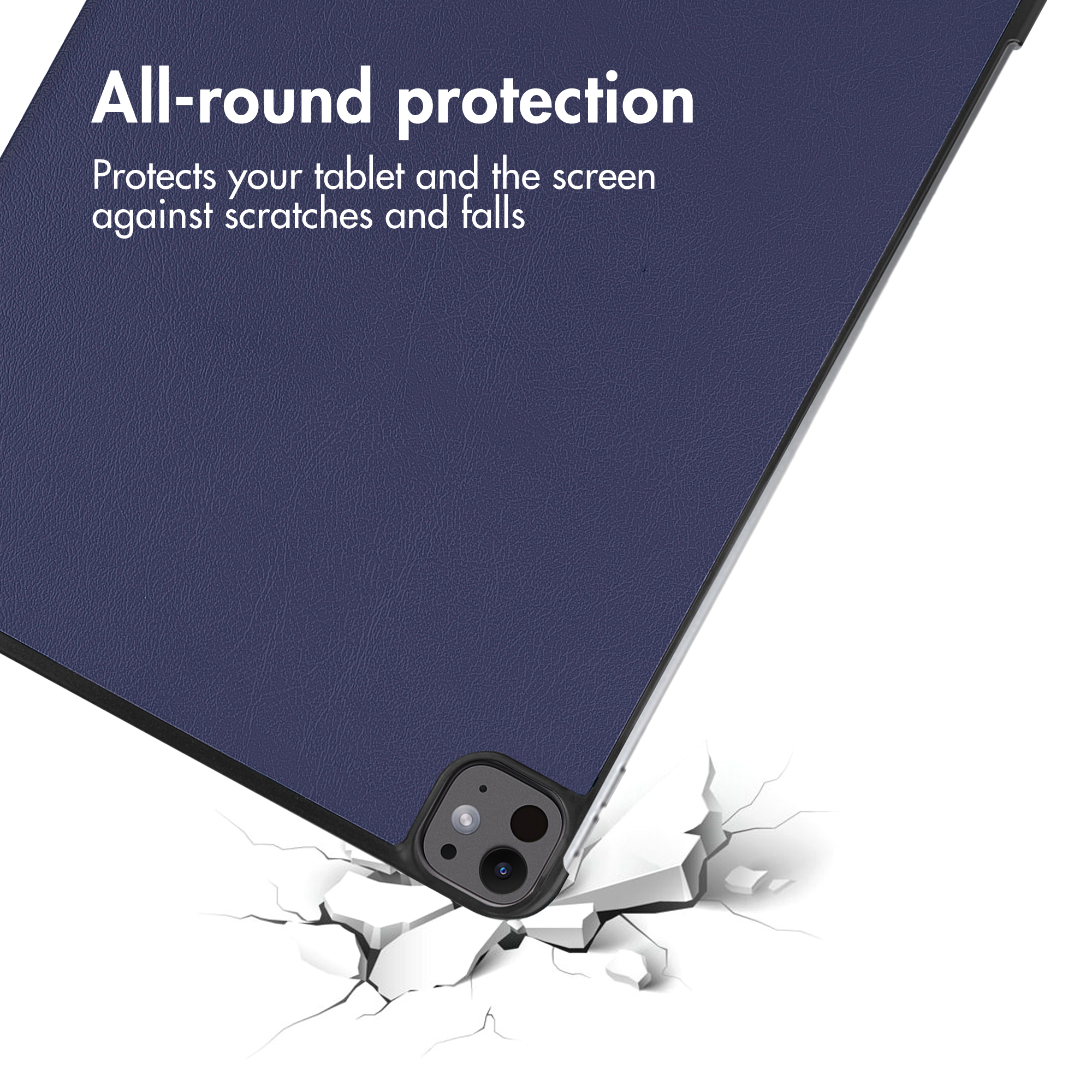 Custodia blu per tablet con testo di protezione su sfondo bianco incrinato.