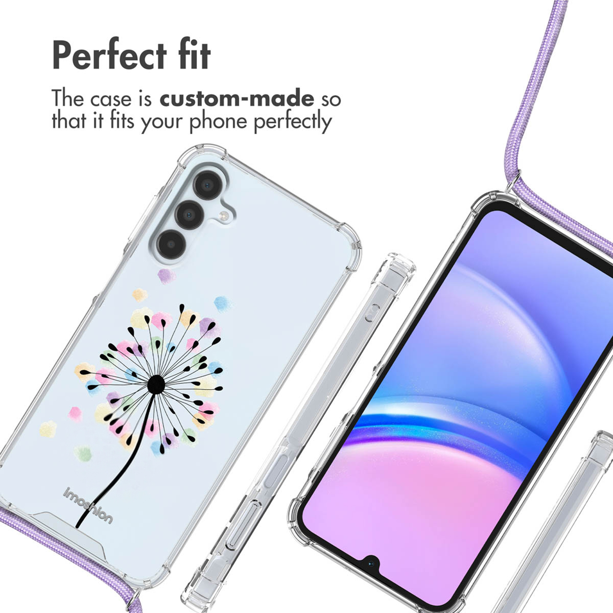 Coque de téléphone transparente avec motif de pissenlit et lanière violette, montrant l'avant et l'arrière.