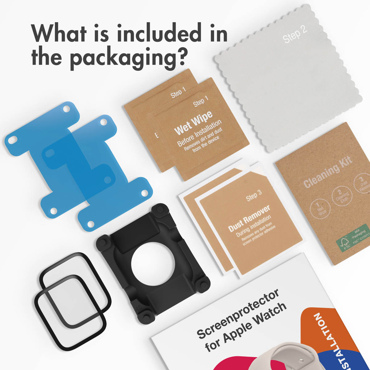 Contenido del kit de protector de pantalla para Apple Watch, incluyendo películas azules, toallitas húmedas y manual.
