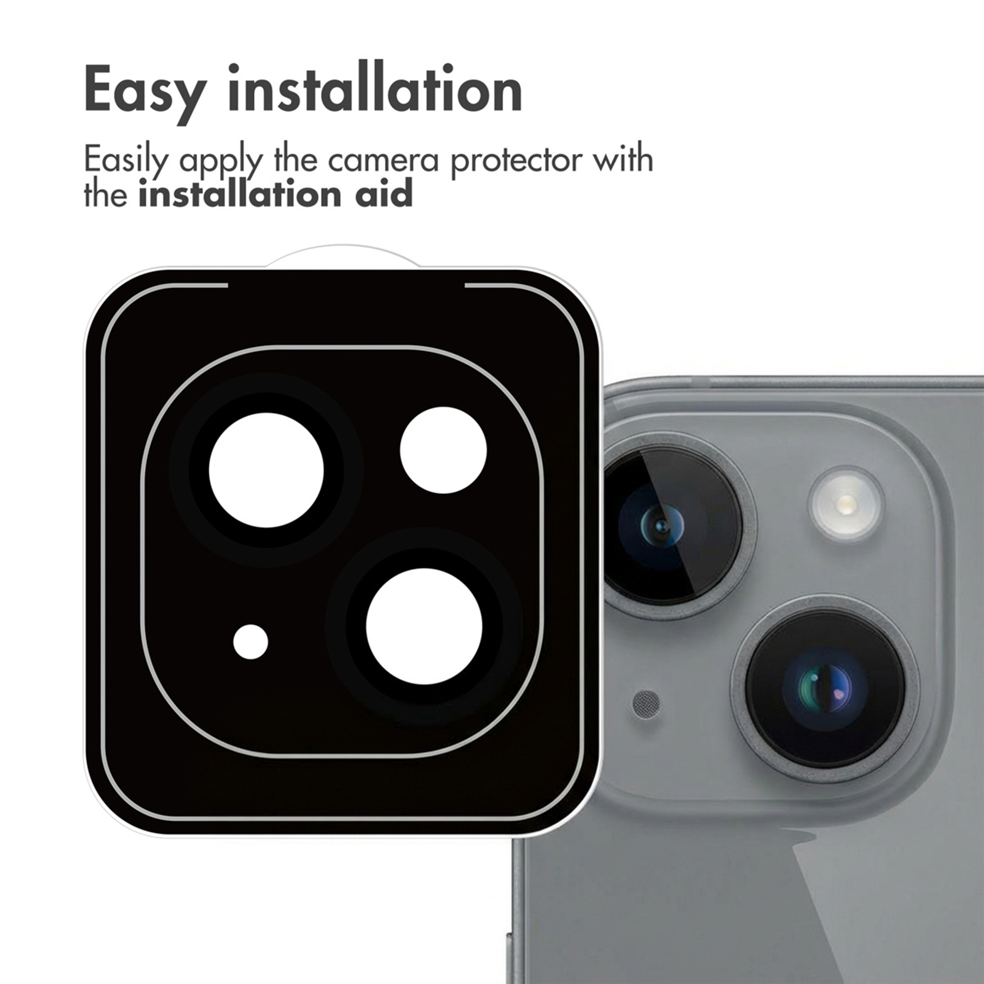 Grafische afbeelding van eenvoudige camera lens installatie met een beschermer naast smartphone.