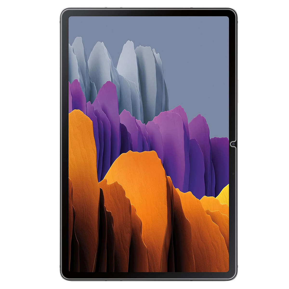 Tablet z ciemną ramką wyświetla kolorową, abstrakcyjną tapetę z pomarańczowymi, fioletowymi i szarymi kształtami.