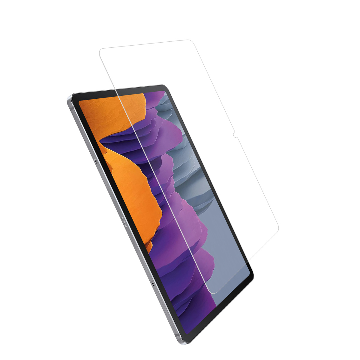 Tablet z przezroczystą szklaną folią ochronną unoszącą się nieznacznie powyżej.