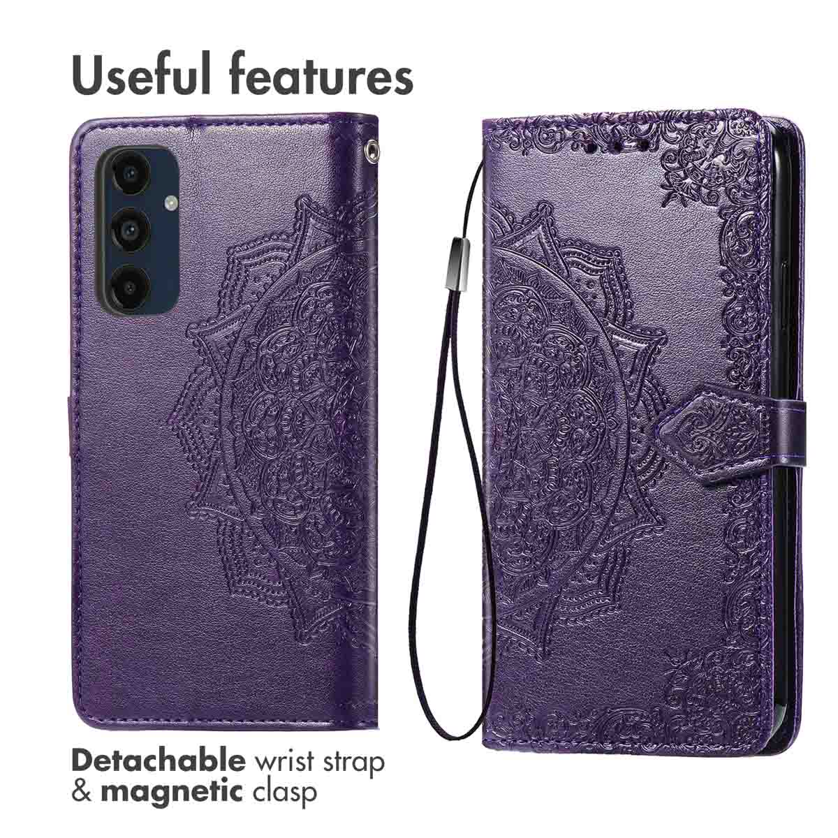 Paarse telefoonhoes met patroon, polsband en magnetische sluiting.