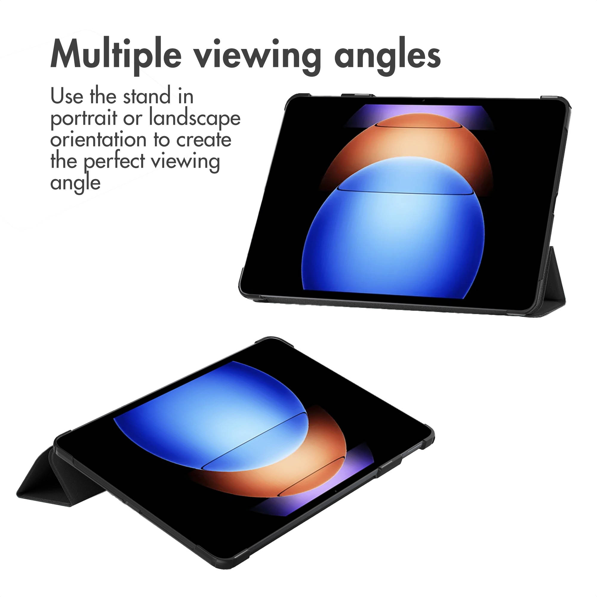 Een tablet in een beschermhoes staat rechtop en ligt plat op een witte achtergrond.