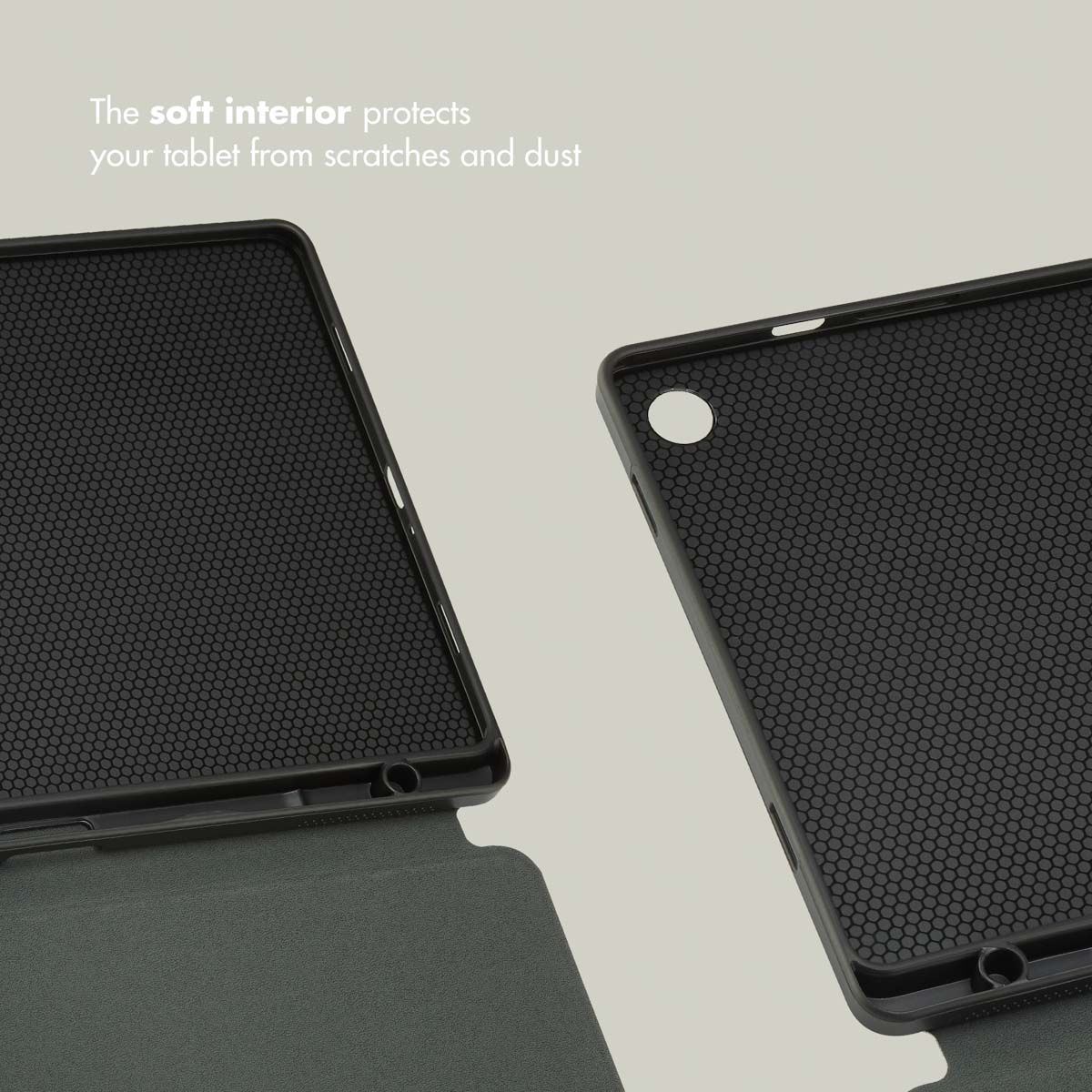 The soft interior of a black tablet case protects against scratches and dust.