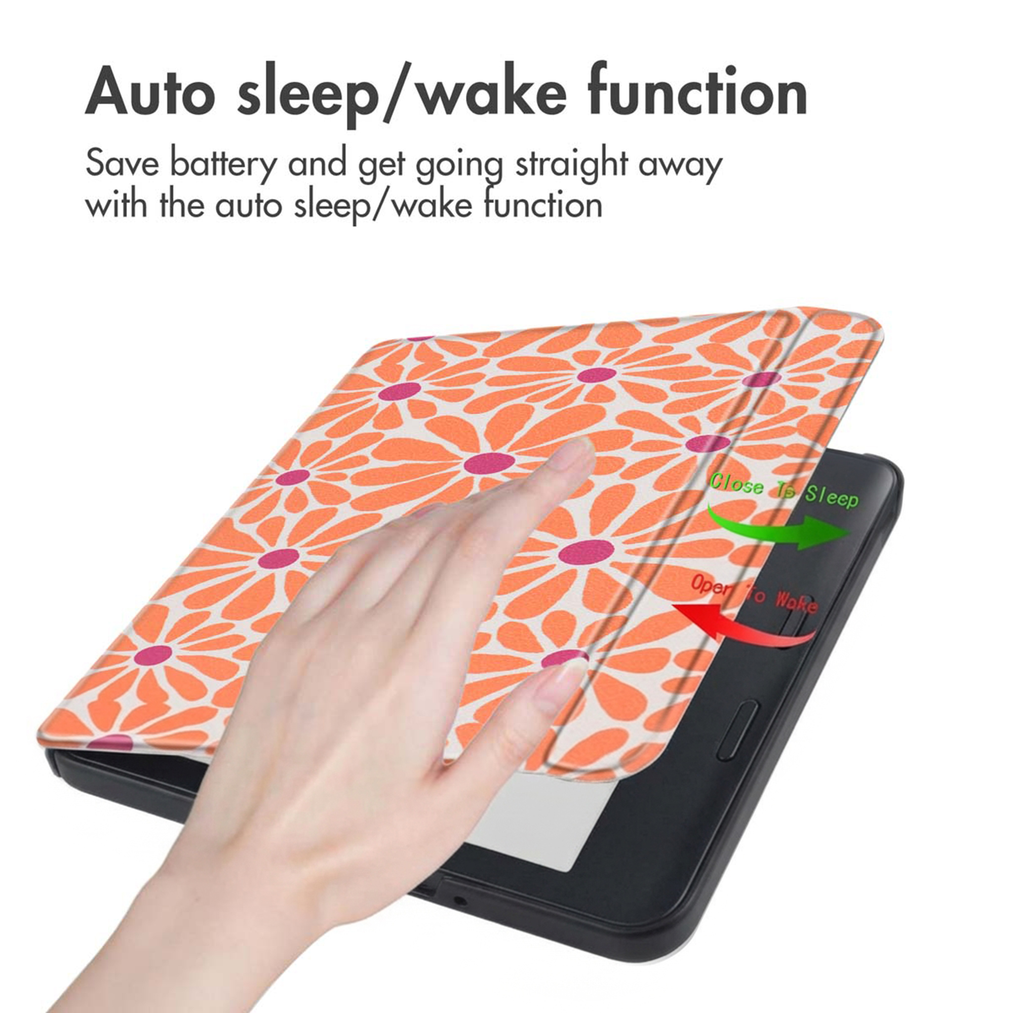 Een hand opent een kleurrijke bloemenhoes op een zwarte e-reader, ter demonstratie van de auto sleep/wake-functie.