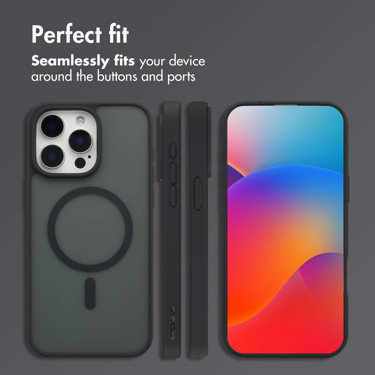 Coque de smartphone sombre montrant l'arrière, les profils et l'avant avec écran coloré.