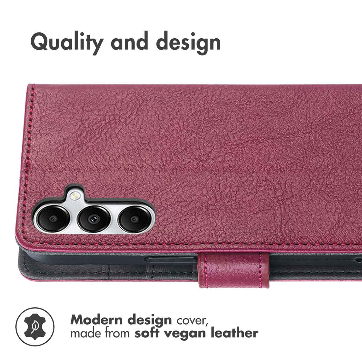 Weinrote vegane Lederhülle mit Kameraausschnitt und Text über Qualität und Design.