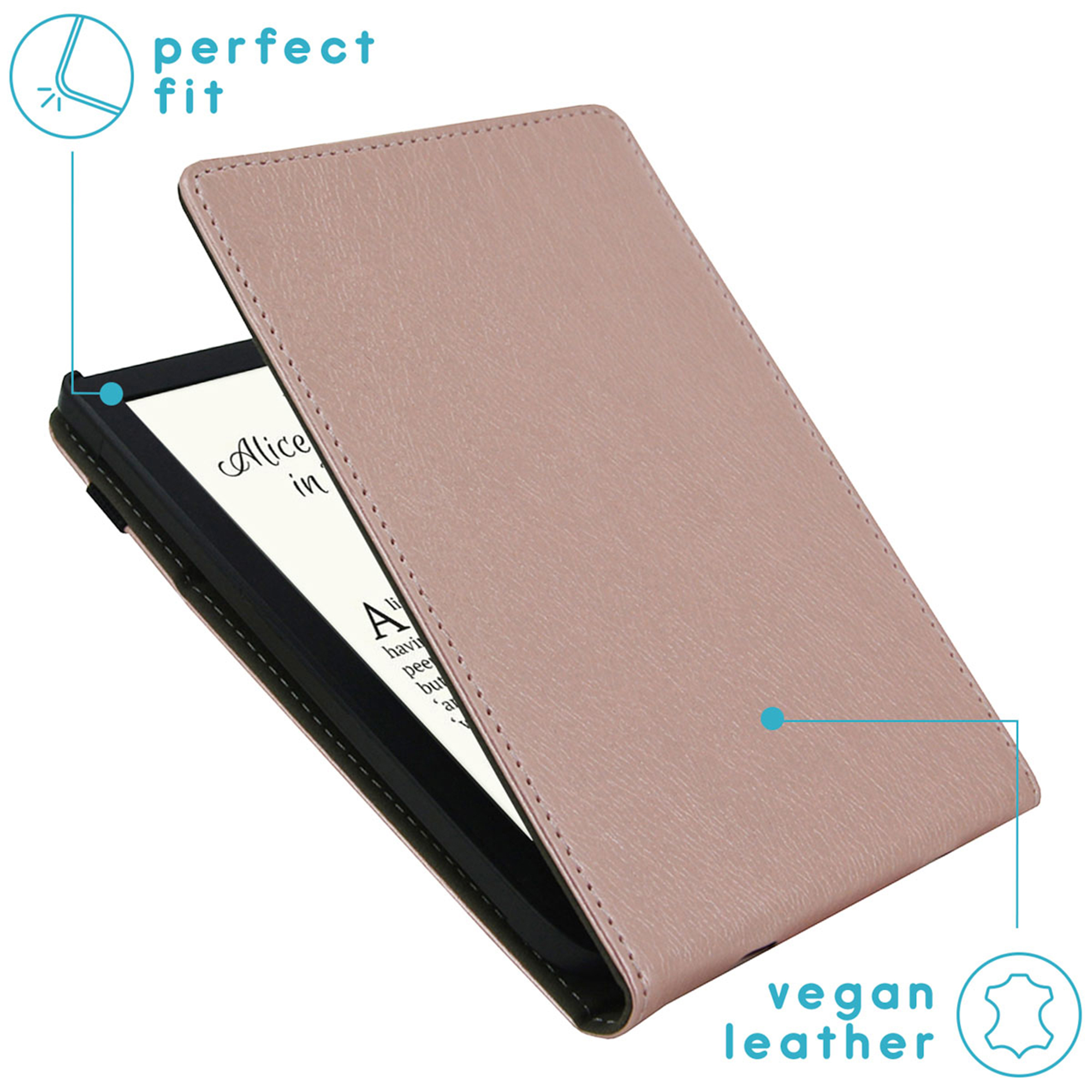 Roze vegan leren hoesje voor e-reader met perfecte pasvorm.