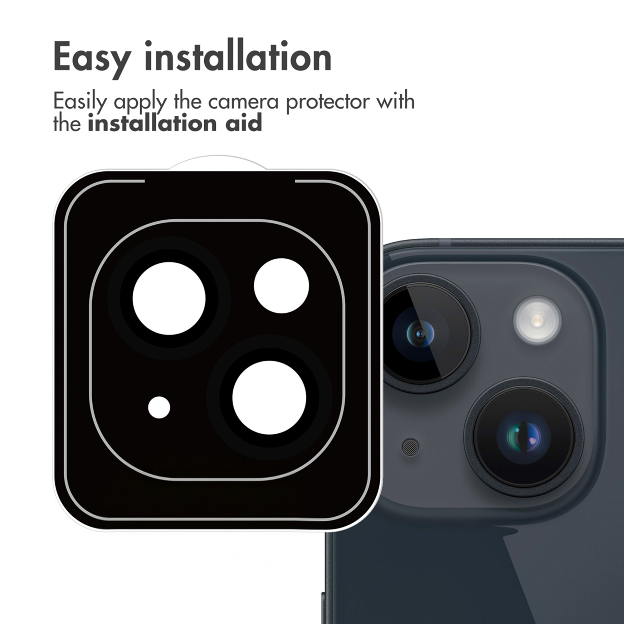 Een zwarte vierkante installatiehulp naast de dubbele camera van een smartphone.