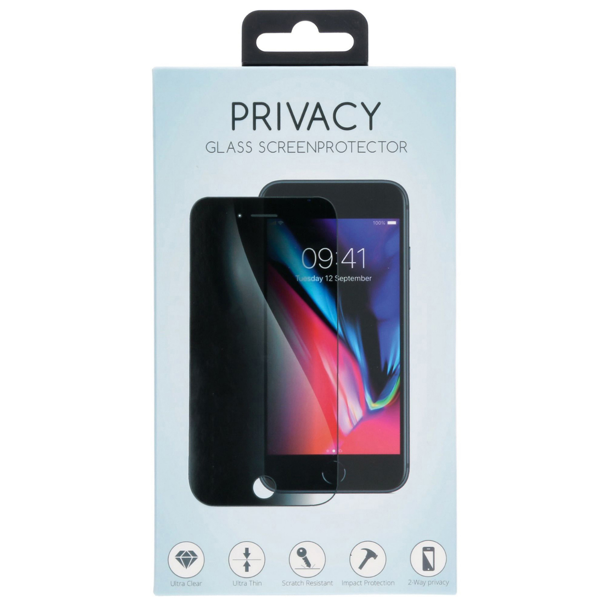 Opakowanie szkła ochronnego z ilustracją telefonu i ikonami.