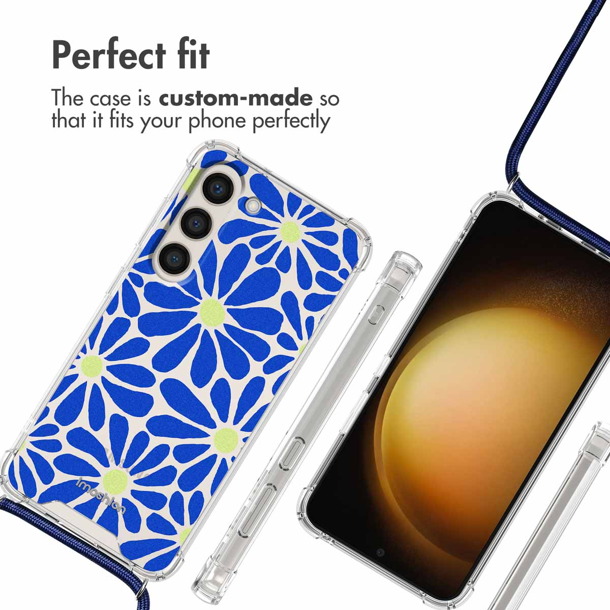 Coque transparente avec motif floral bleu et lanière bleue, conçue sur mesure pour le smartphone.