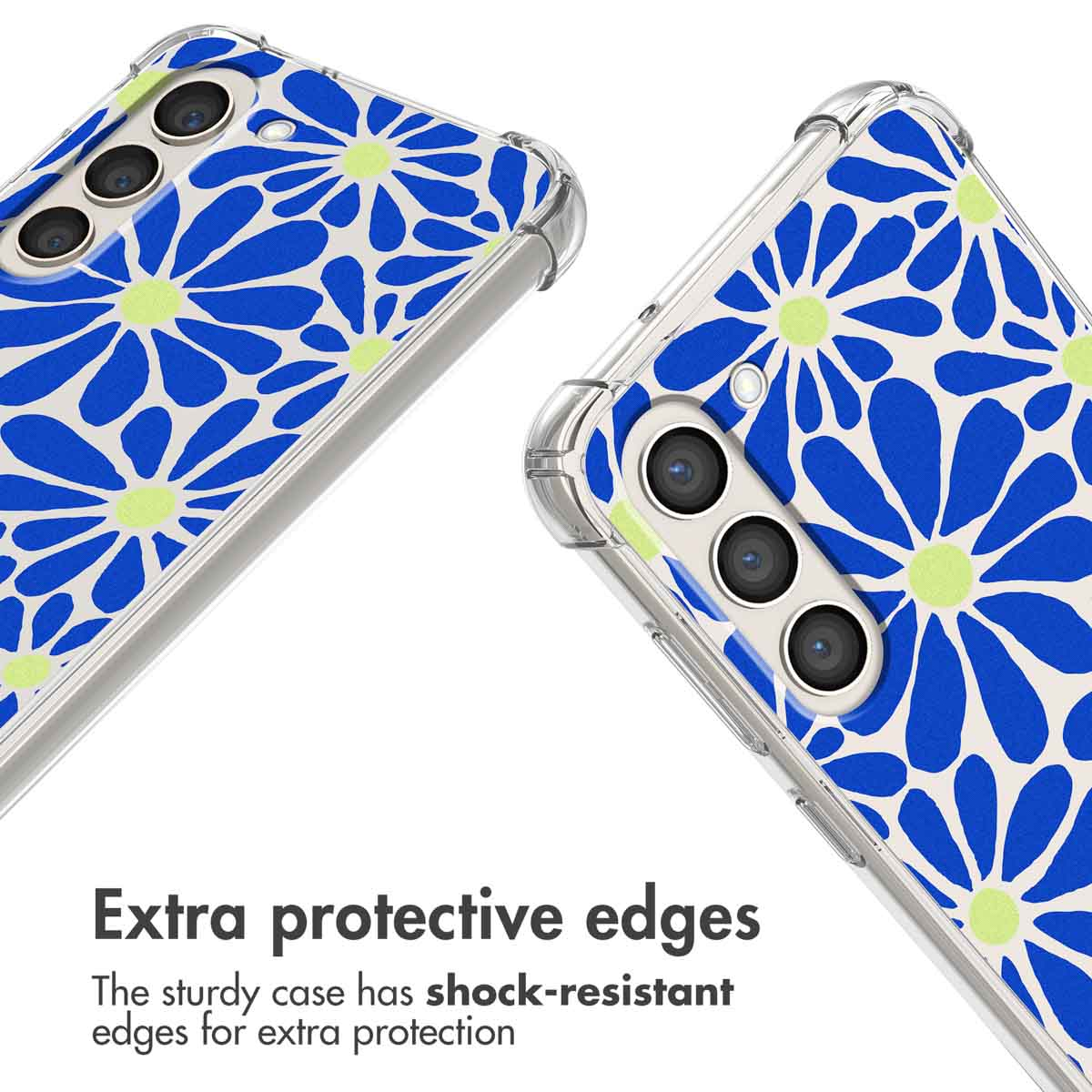 Coque de téléphone transparente avec motif floral bleu et bords antichocs.