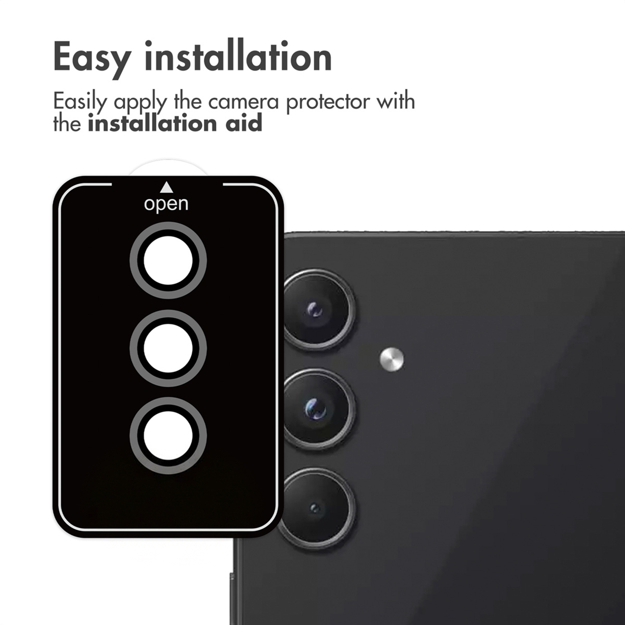 Eenvoudige installatie van de cameraprotector met een installatiehulp voor de smartphone.