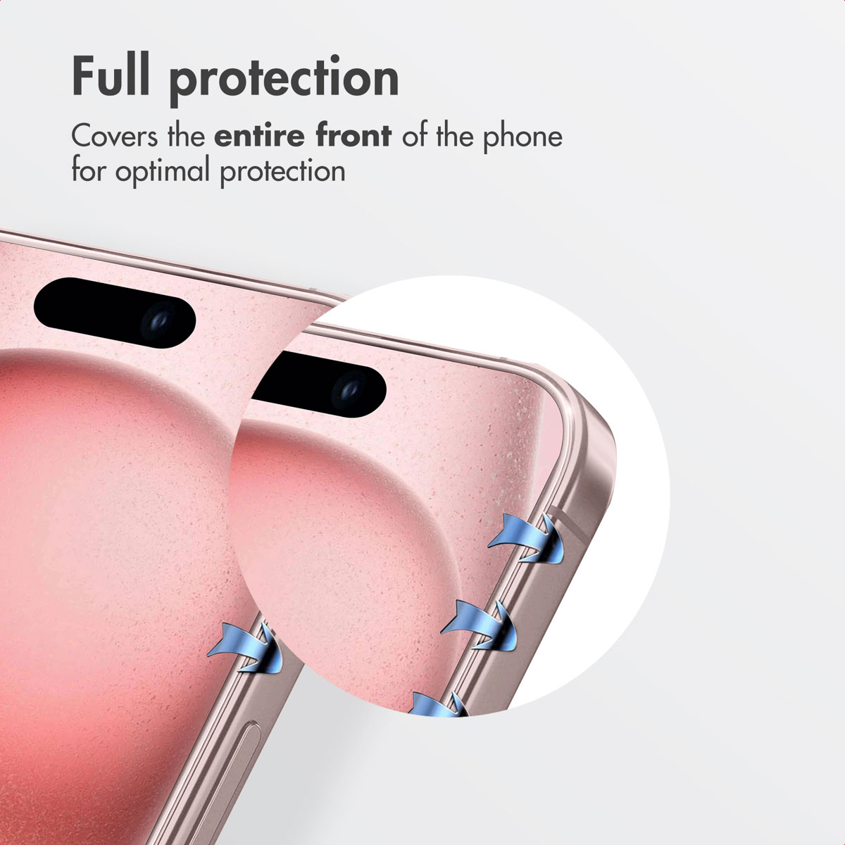 Close-up of a pink smartphone showing full protection covering the entire front.