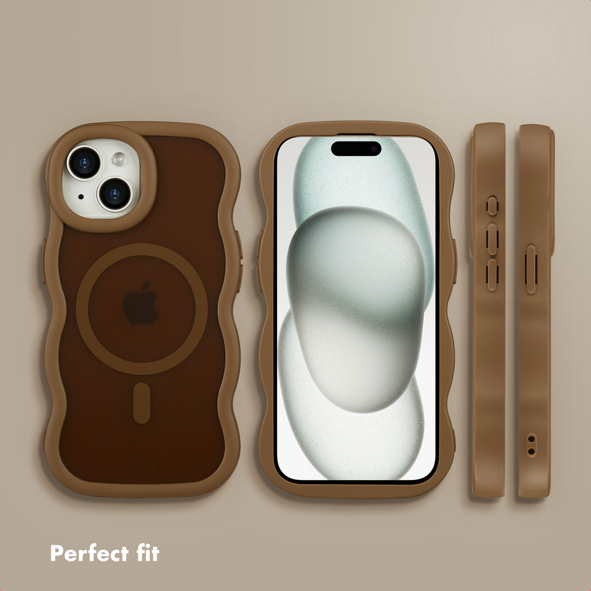 Bruine telefoonhoes getoond van achteren, voren en zijkanten, met golvend design en MagSafe-ring.