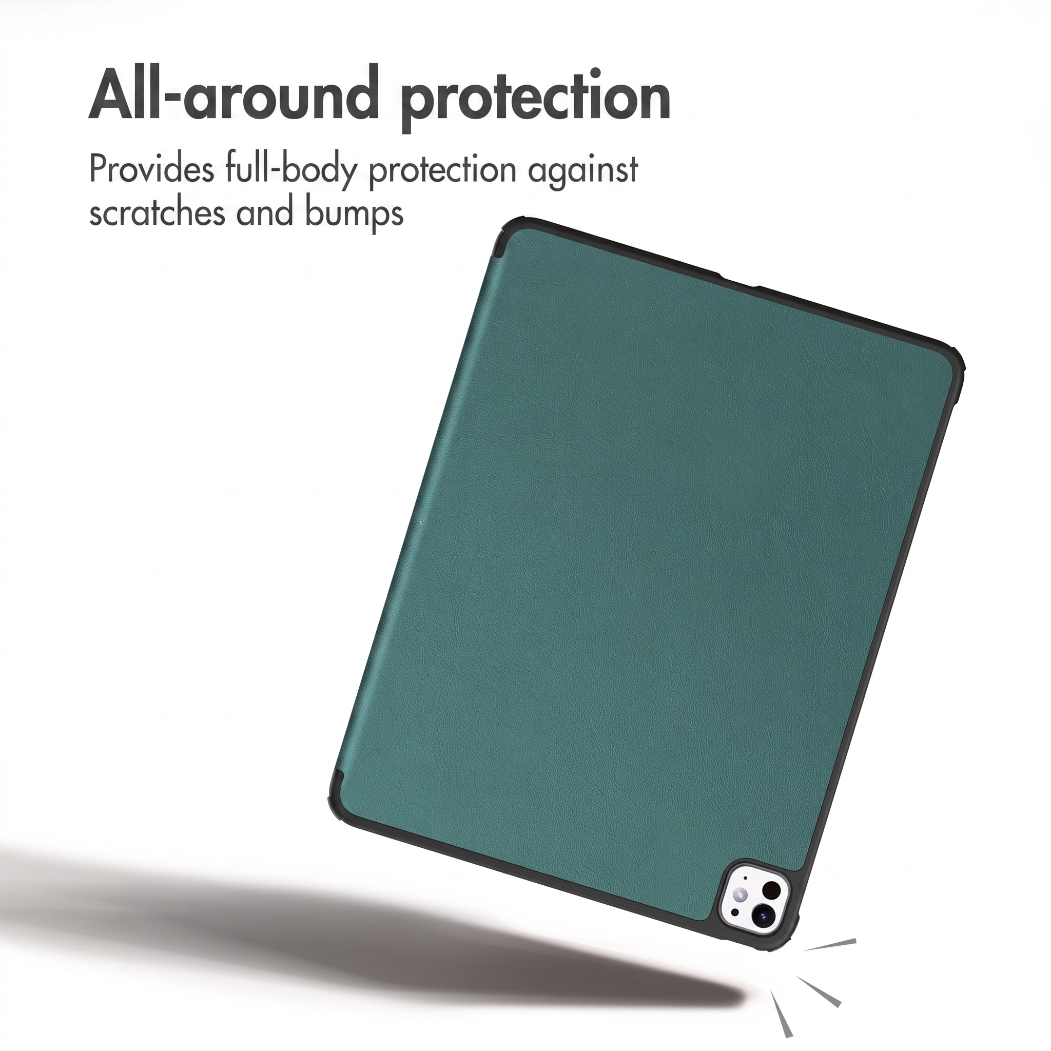 Custodia verde per tablet con bordo nero e testo in alto sulla protezione.