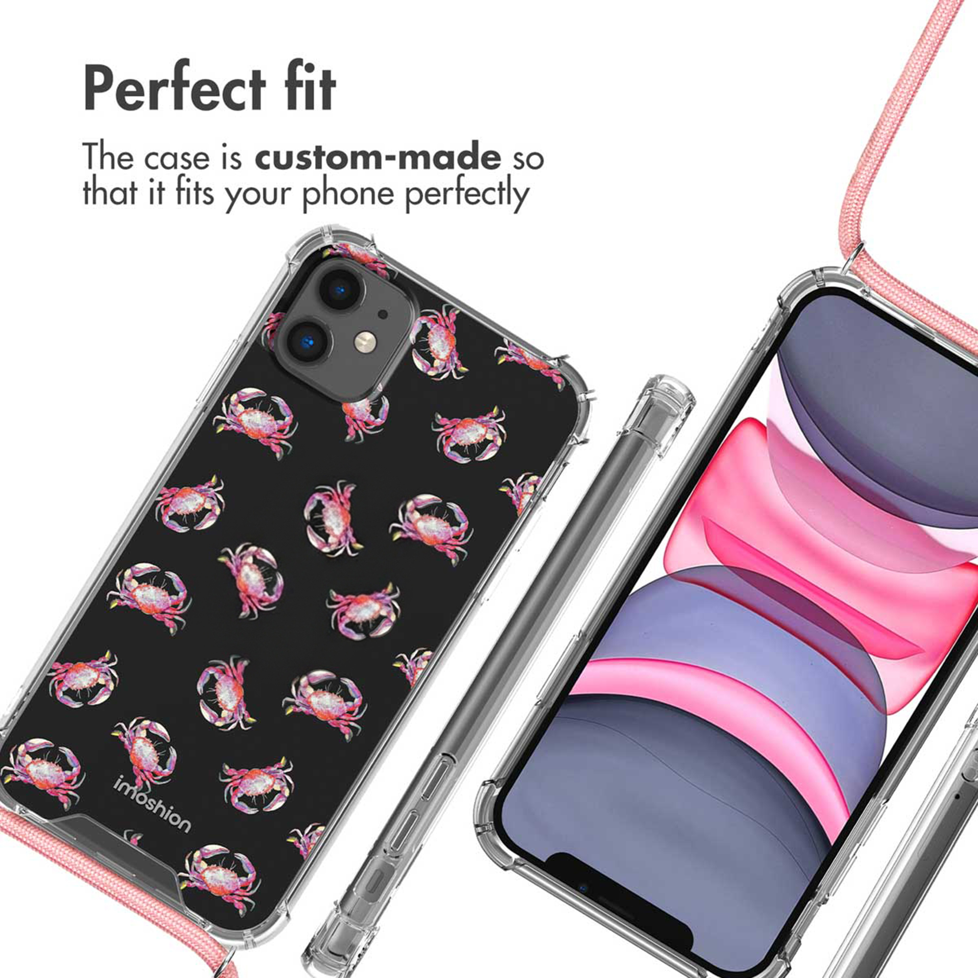 Coque de téléphone transparente avec motif de crabe, lanière rose et texte.