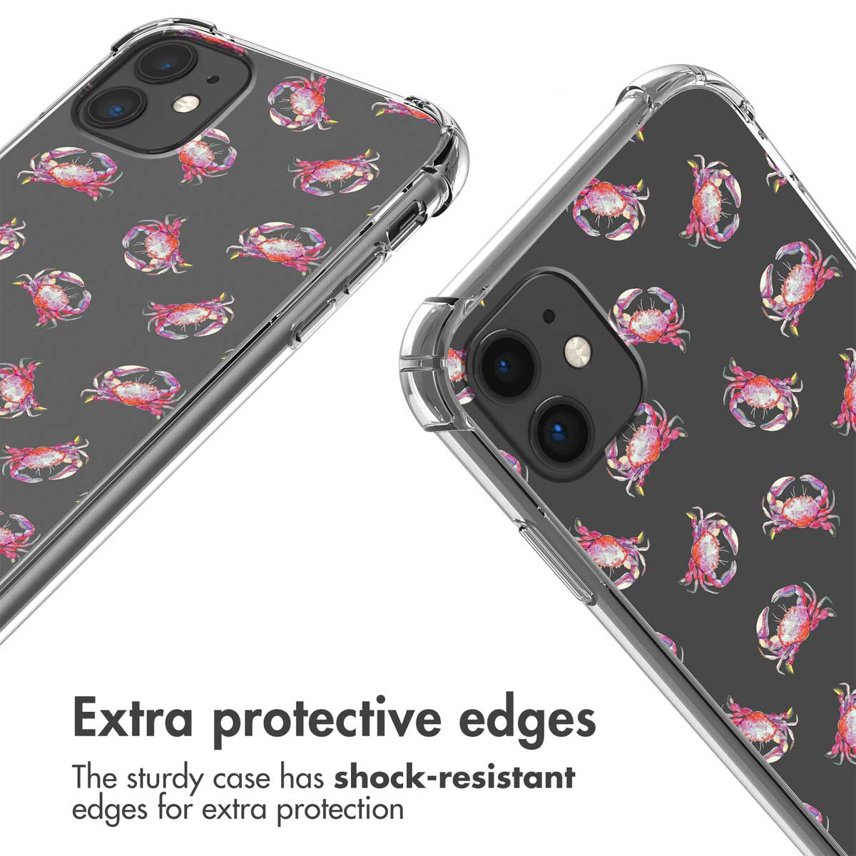 Deux coques de téléphone transparentes sur fond gris foncé avec un motif de crabes répété.