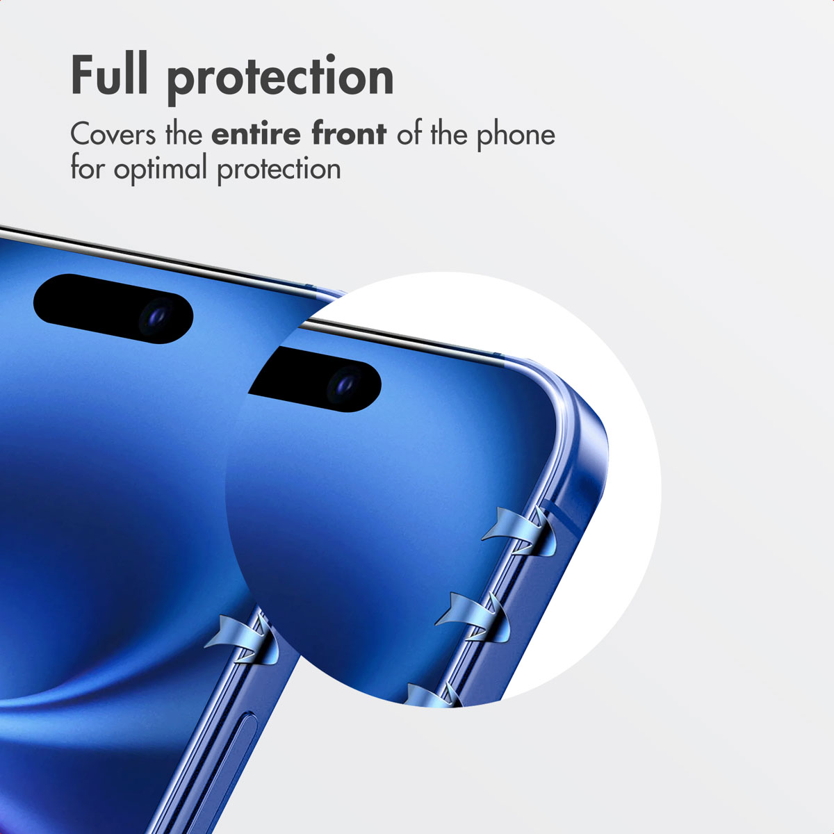 A close-up of a blue smartphone showing edge protection, with text stating 'Full protection' at the top.