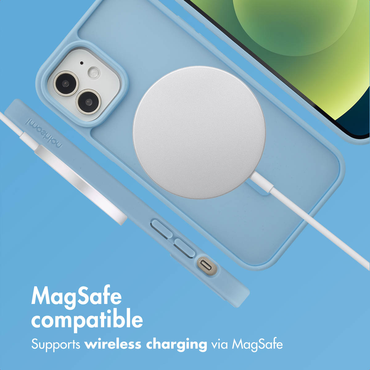 Blaue Handyhülle mit MagSafe-Ladegerät auf blauem Hintergrund.