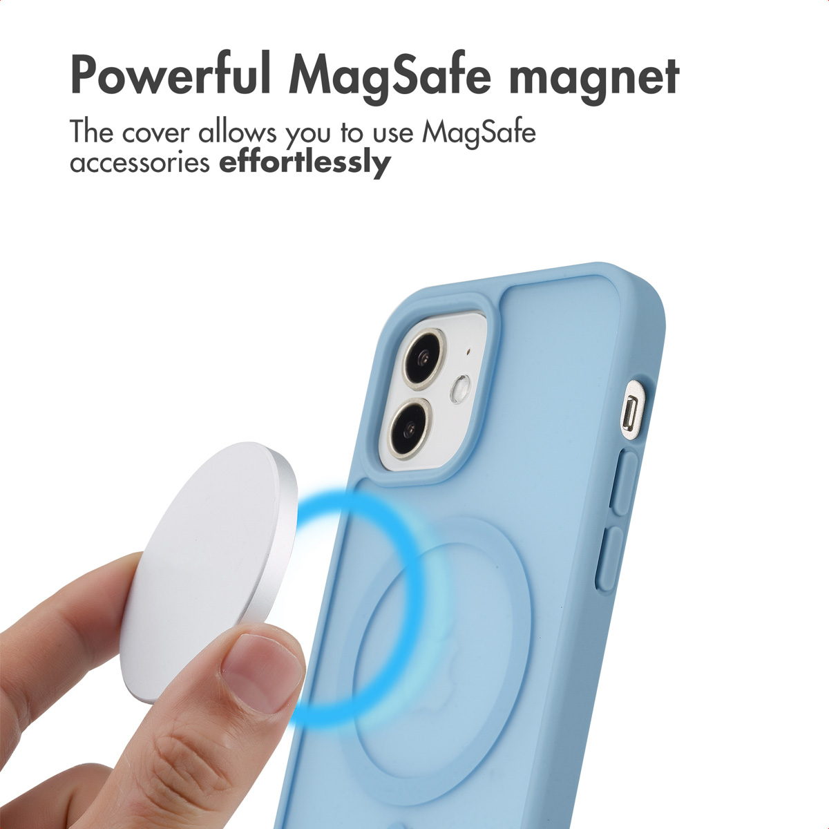Handy in blauer Hülle mit MagSafe-Magnet.