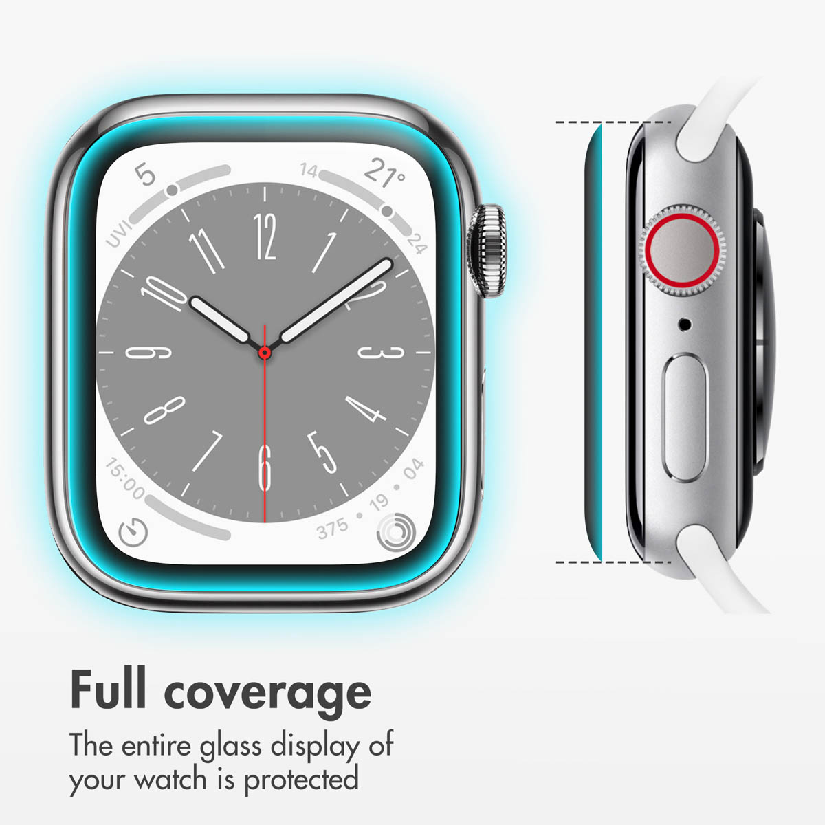 Un reloj inteligente con protector de pantalla que cubre toda la pantalla de cristal.