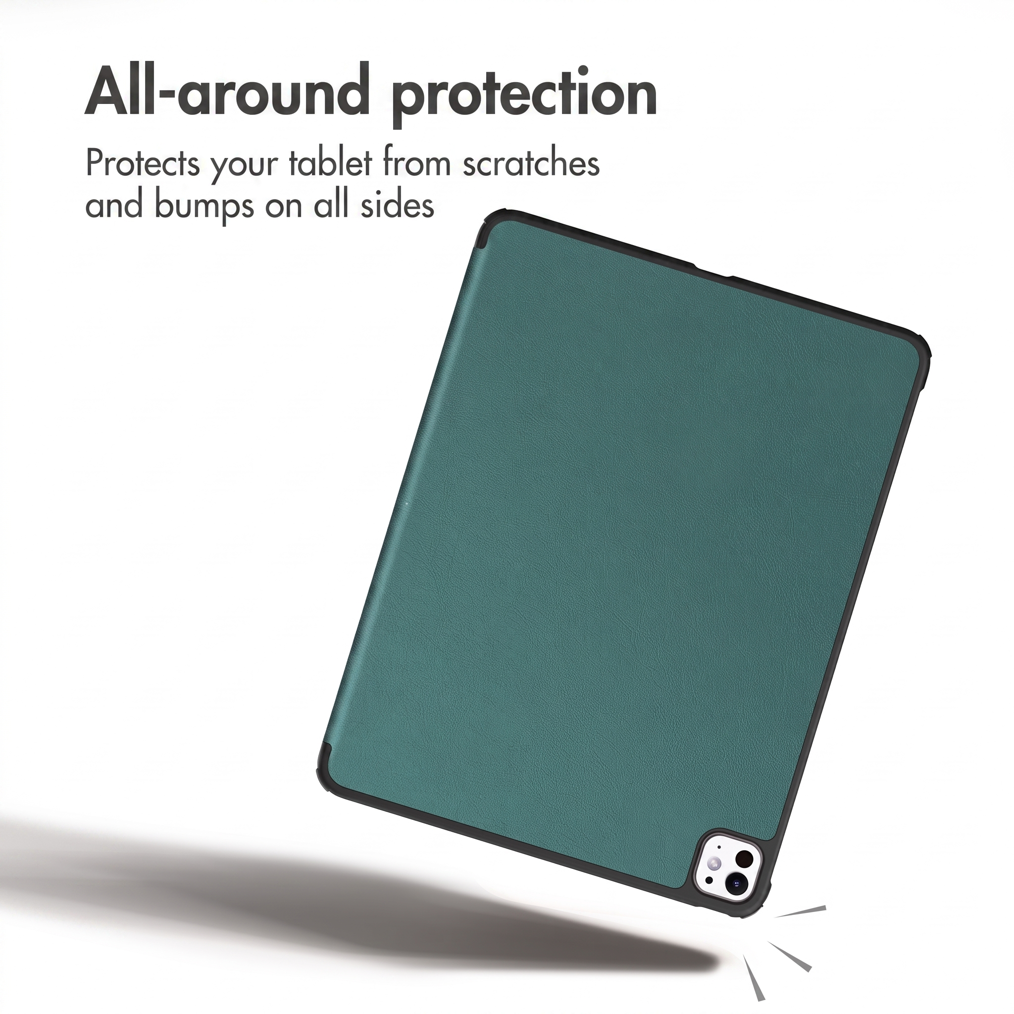 Un tablet in una custodia protettiva verde scuro, con testo sopra che recita Protezione a 360 gradi.