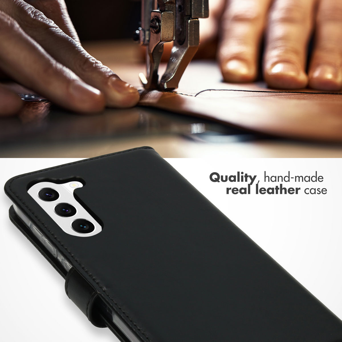 Un étui de téléphone en cuir noir devant un fond de mains cousant du cuir avec une machine à coudre.