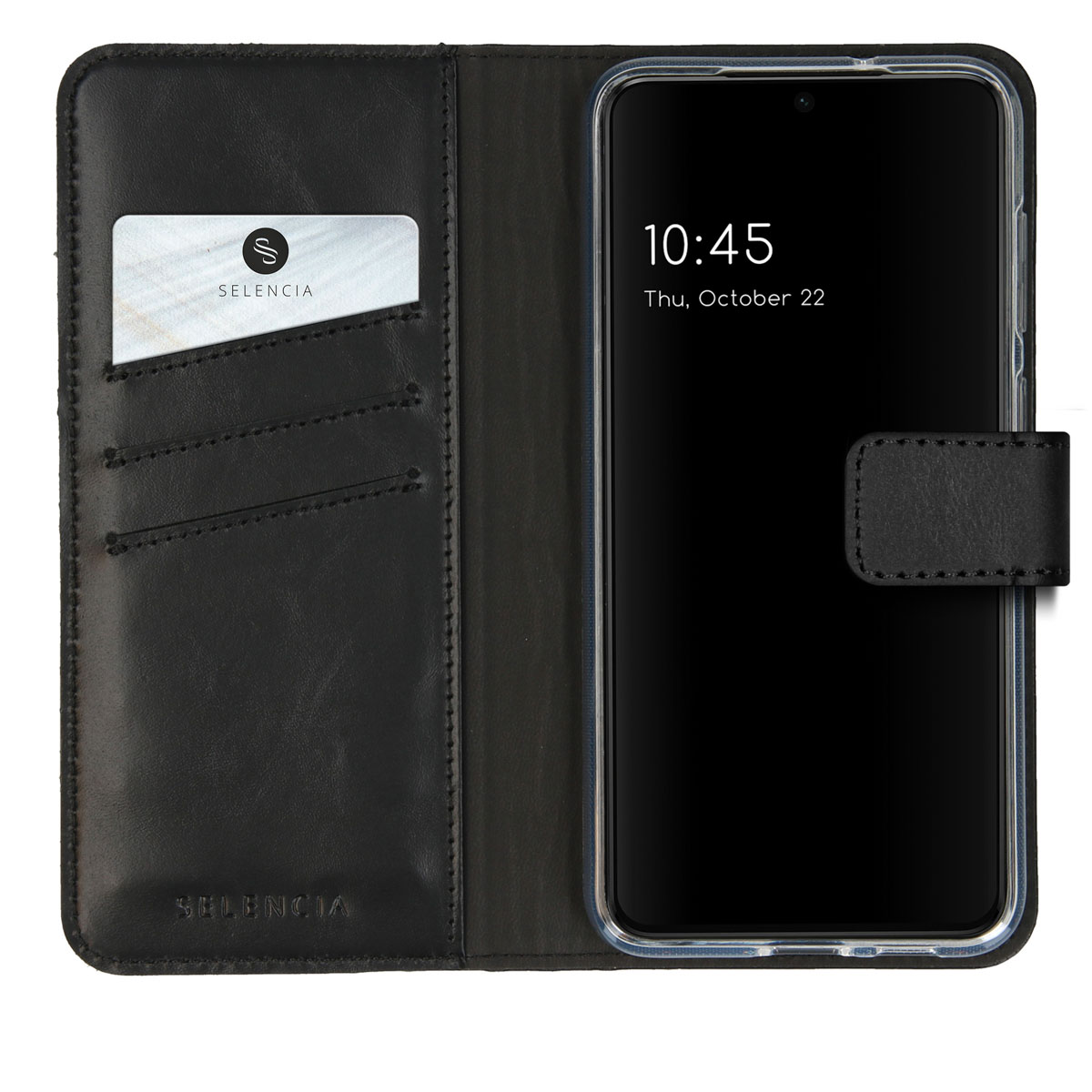 Étui portefeuille noir en cuir avec fente pour carte Selencia blanche et téléphone affichant 10:45.