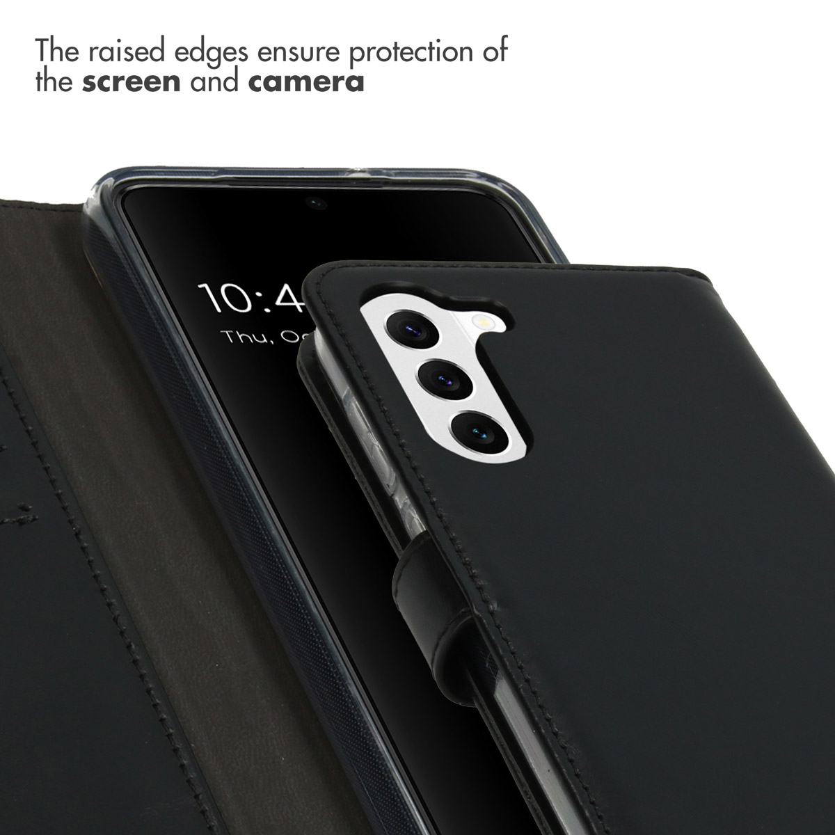 Un étui de téléphone noir avec des bords surélevés pour protéger l'écran et l'appareil photo.