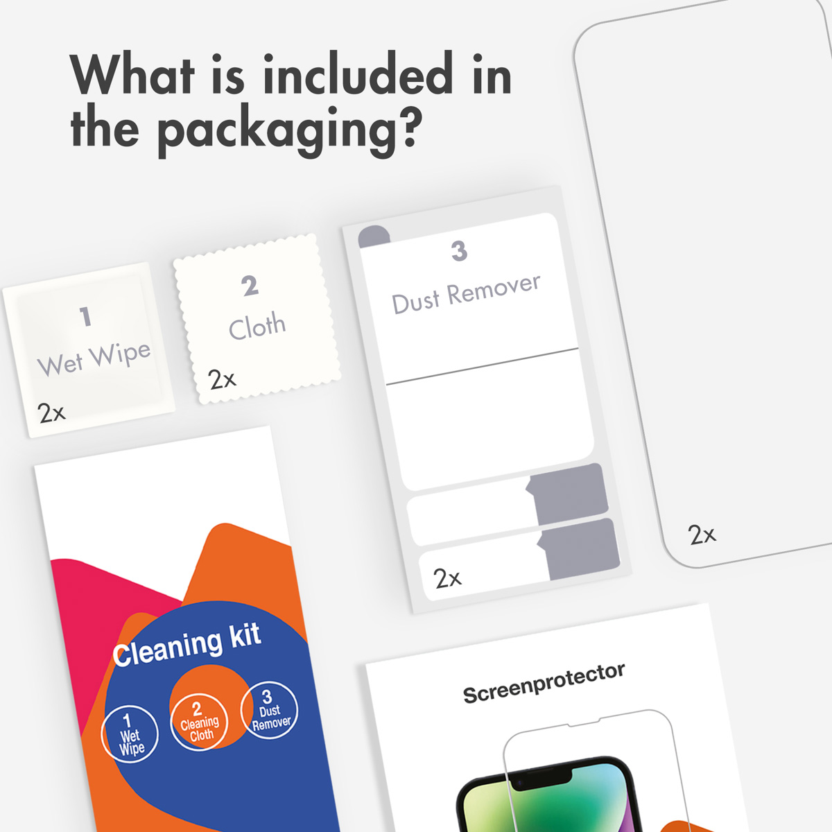 Contenuto della confezione con salviette umidificate e protezione.