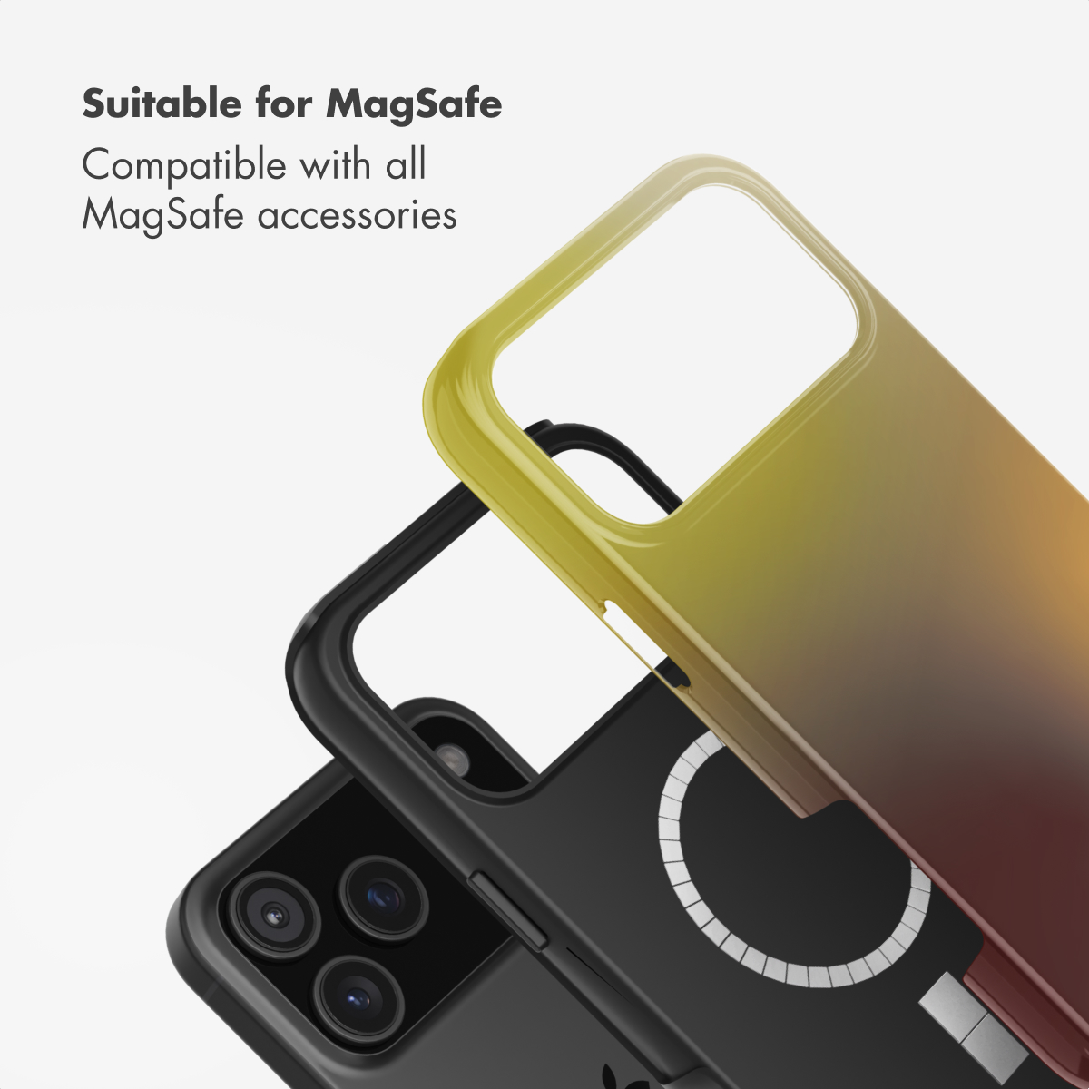 Zwei MagSafe-kompatible Handyhüllen in Schwarz und Farbverlauf mit Text oben.