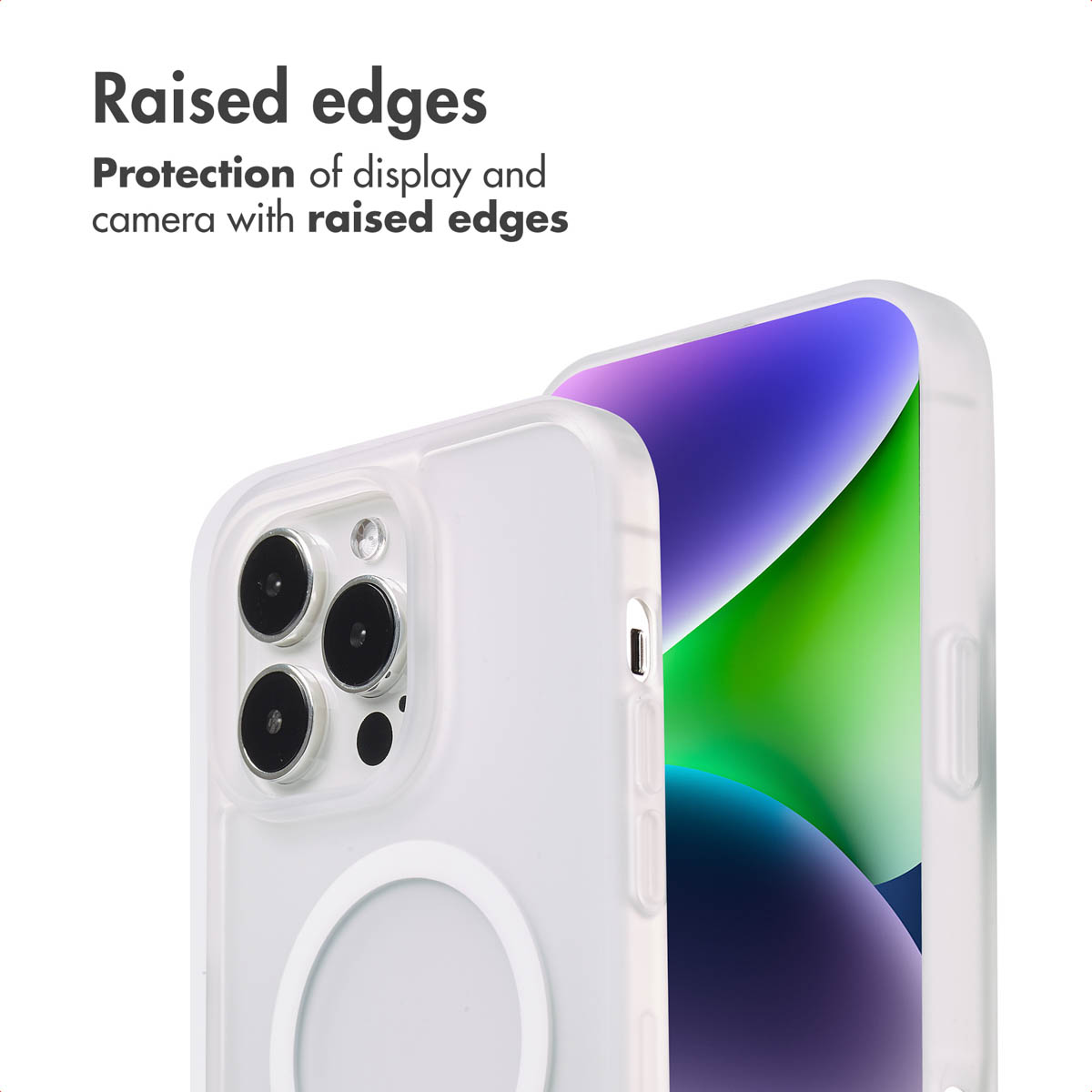 Ein Smartphone in einer transluzenten Hülle zeigt erhöhte Kanten zum Schutz von Kamera und Display.