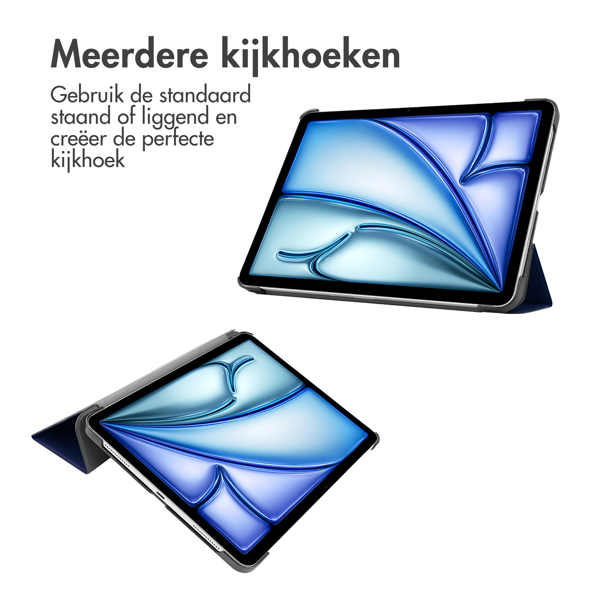 Due tablet in custodie blu mostrano diverse angolazioni di visualizzazione, accompagnate da testo in olandese.