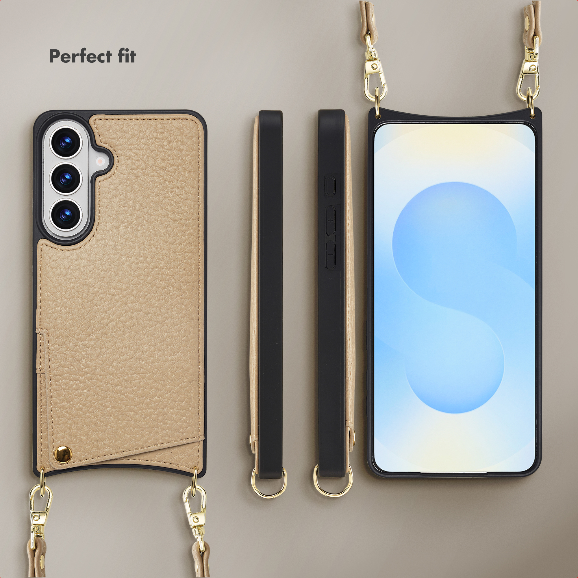 Custodia per telefono in pelle beige con dettagli dorati e tracolla da più angolazioni.