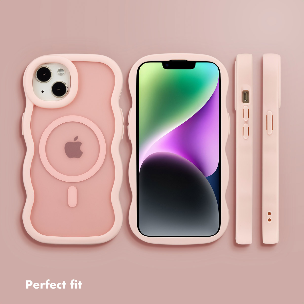 Rosa, wellenförmige Smartphone-Hülle mit MagSafe-Ring, Ansicht von Vorder-, Rück- und Seitenansicht auf beigem Hintergrund.