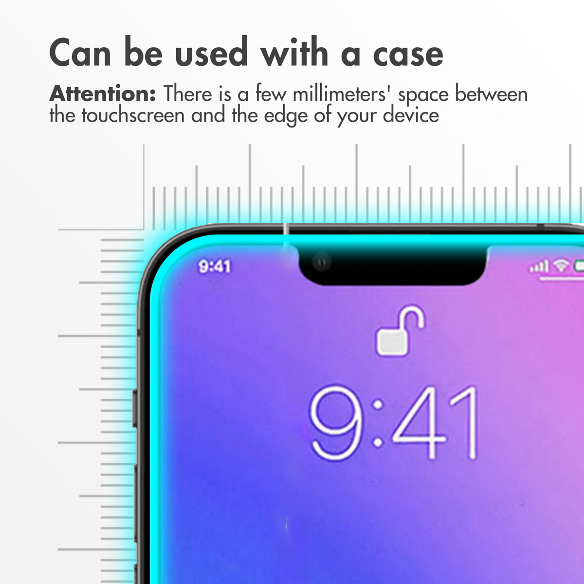 Smartphone scherm met tekst dat hoescompatibiliteit en een kleine marge aangeeft.